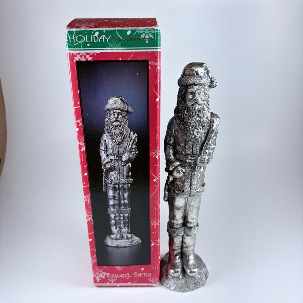 Holiday Traditions Antiqued Santa Silver Tone Figurine Christmas Decor 9 inch